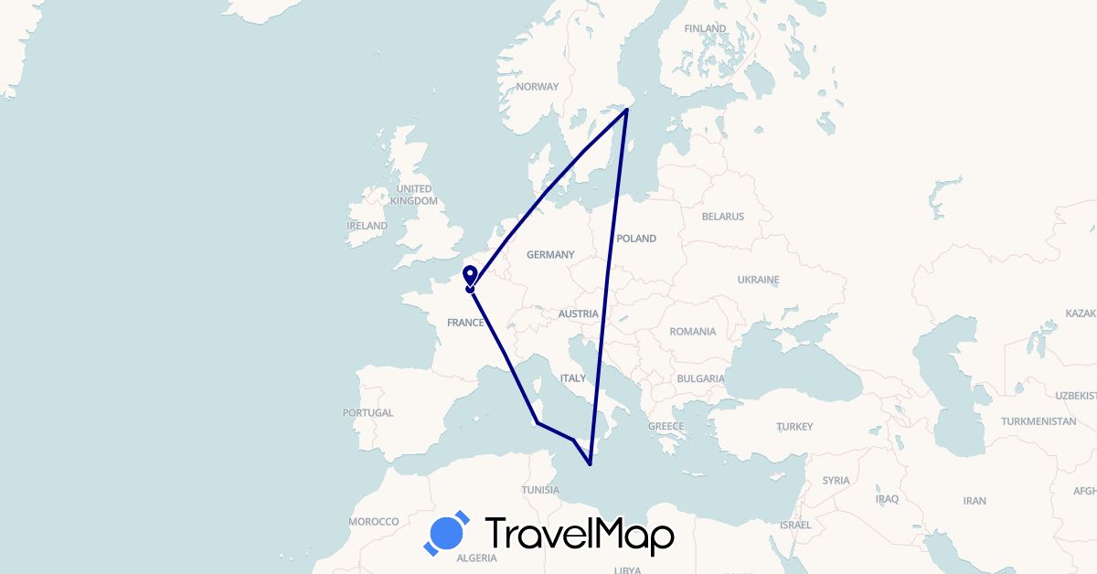 TravelMap itinerary: driving in France, Italy, Malta, Sweden (Europe)